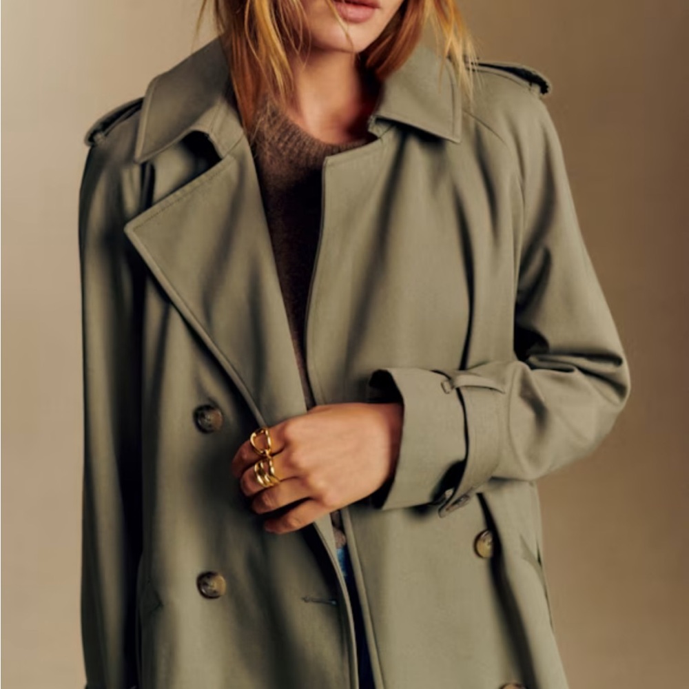 Sezane Scott Olive Trench Coat with Belt - Picture 2 of 8